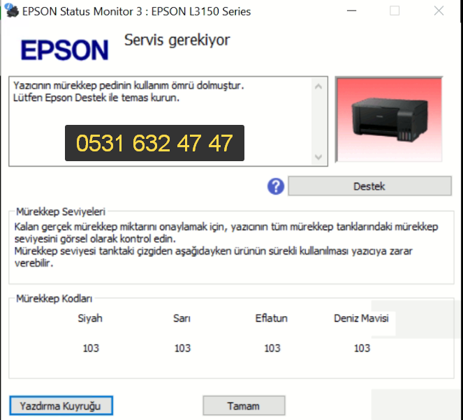 Yazıcının mürekkep pedinin ömrü dolmuştur  uyarısı